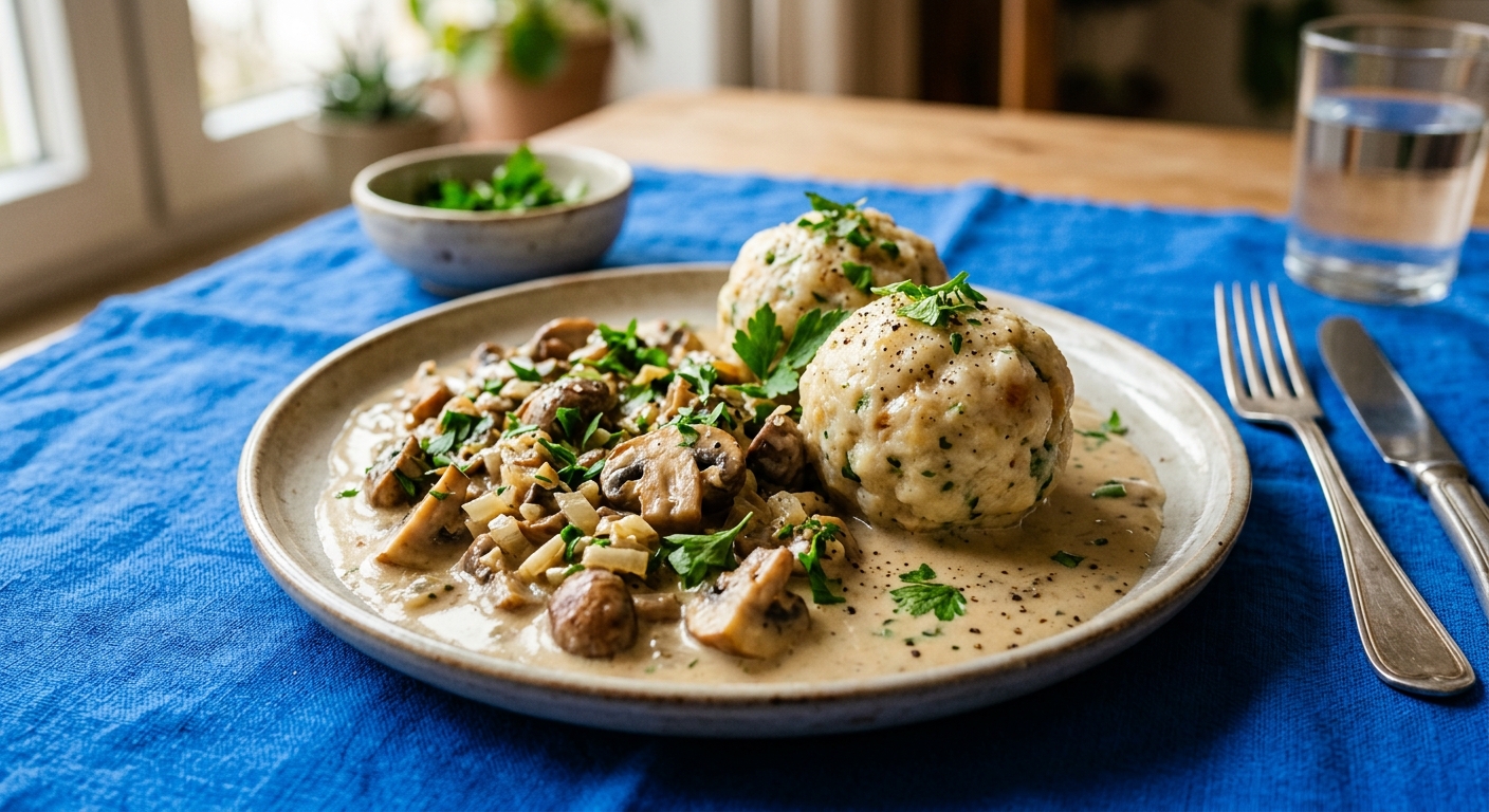 Rahmchampignons mit Semmelknödeln