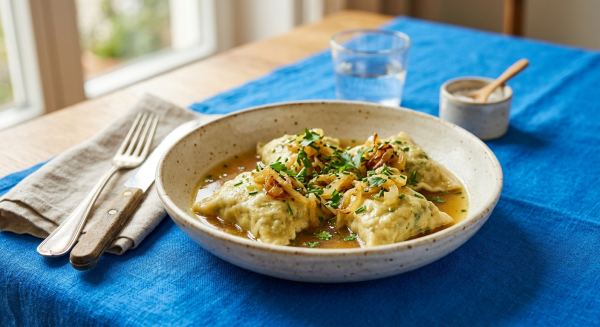Weitere Aufnahme von Maultaschen mit Speckwürfeln und Kräuterfrischkäse