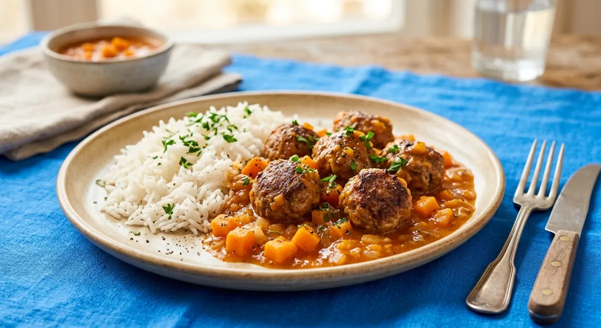 Hackbällchen in Kürbis-Tomaten-Sauce mit Reis