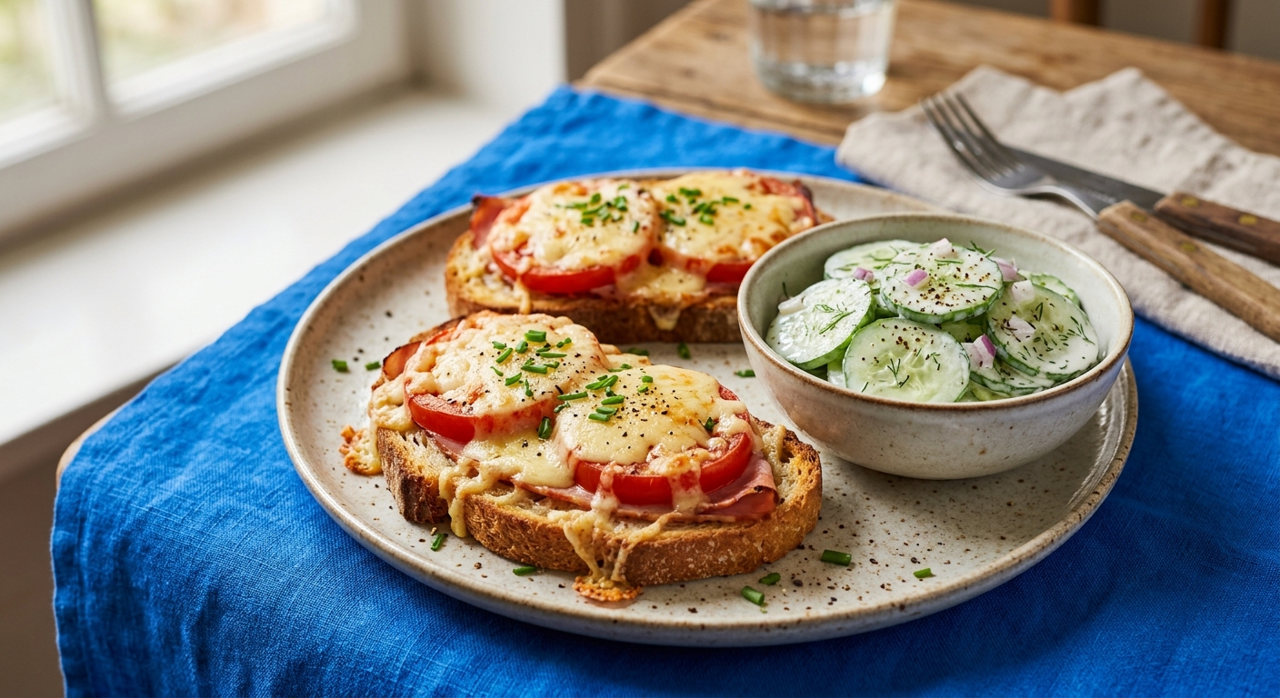 Überbackene Schinken-Tomaten-Toasts mit Gurkensalat