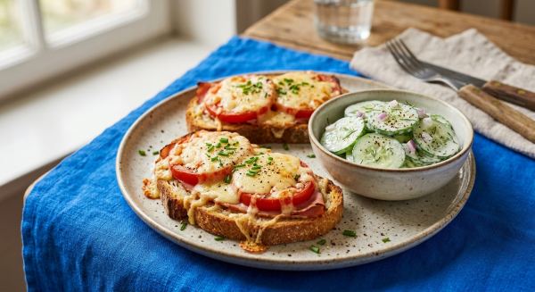 Weitere Aufnahme von Überbackene Schinken-Tomaten-Toasts mit Gurkensalat