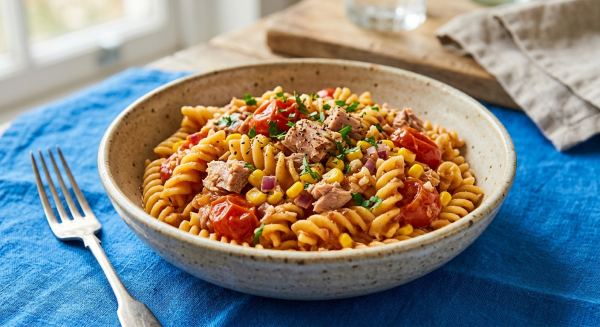 Weitere Aufnahme von One-Pot-Nudeln mit Thunfisch, Tomaten und Mais
