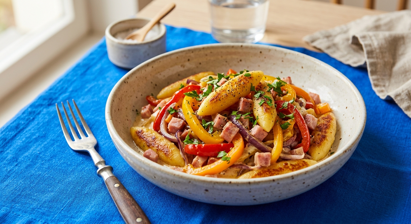 Schupfnudel-Pfanne mit Paprika und Schinken