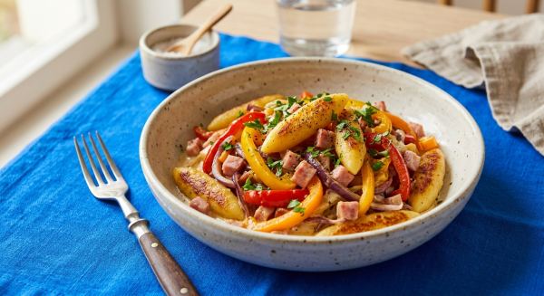 Weitere Aufnahme von Schupfnudel-Pfanne mit Paprika und Schinken