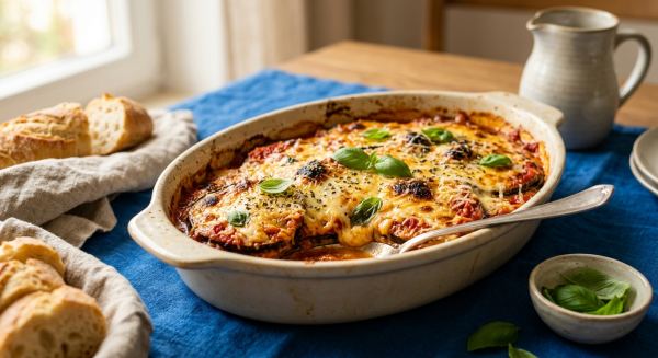 Weitere Aufnahme von Auberginen-Auflauf mit Tomaten und Mozzarella