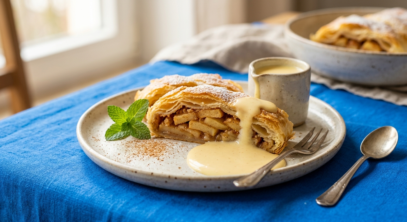 Schneller Apfelstrudel aus Blätterteig mit Vanillesauce