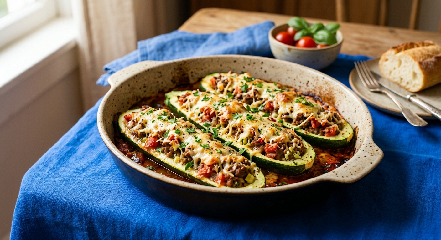 Gefüllte Zucchini mit Hackfleisch und Käse aus dem Ofen