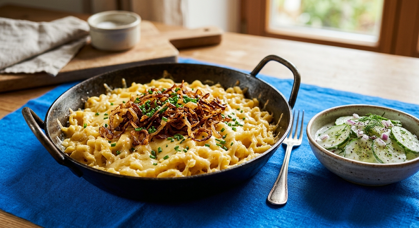 Käsespätzle aus der Pfanne mit Röstzwiebeln und Gurkensalat