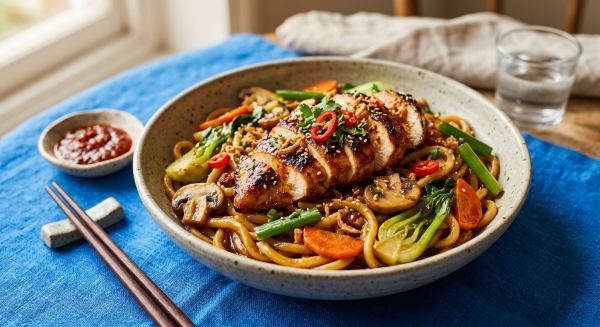 Weitere Aufnahme von Indonesisches Sambal-Hoisin-Hähnchen auf Udon-Nudeln mit Wok-Gemüse