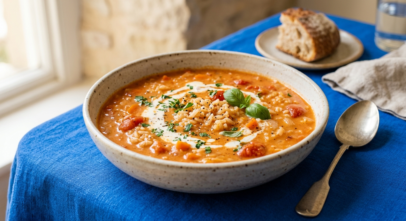 Cremige Tomatensuppe mit Reis