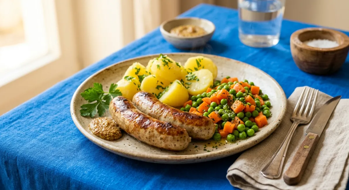 Bratwurst mit Kartoffeln, Erbsen und Möhren