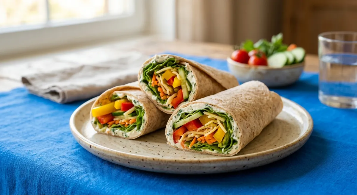 Bunte vegetarische Wraps mit Frischkäse