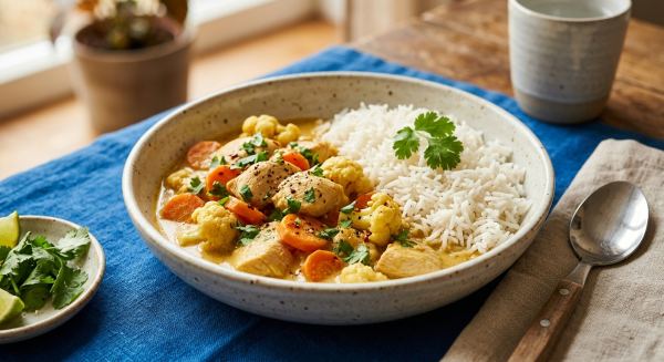 Weitere Aufnahme von Mildes Hähnchen-Curry mit Blumenkohl, Möhren und Reis