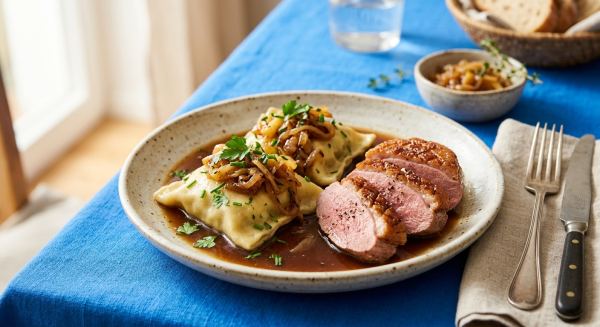 Weitere Aufnahme von Schwäbische Maultaschen mit knuspriger Entenbrust und Apfel-Zwiebel-Schmelze