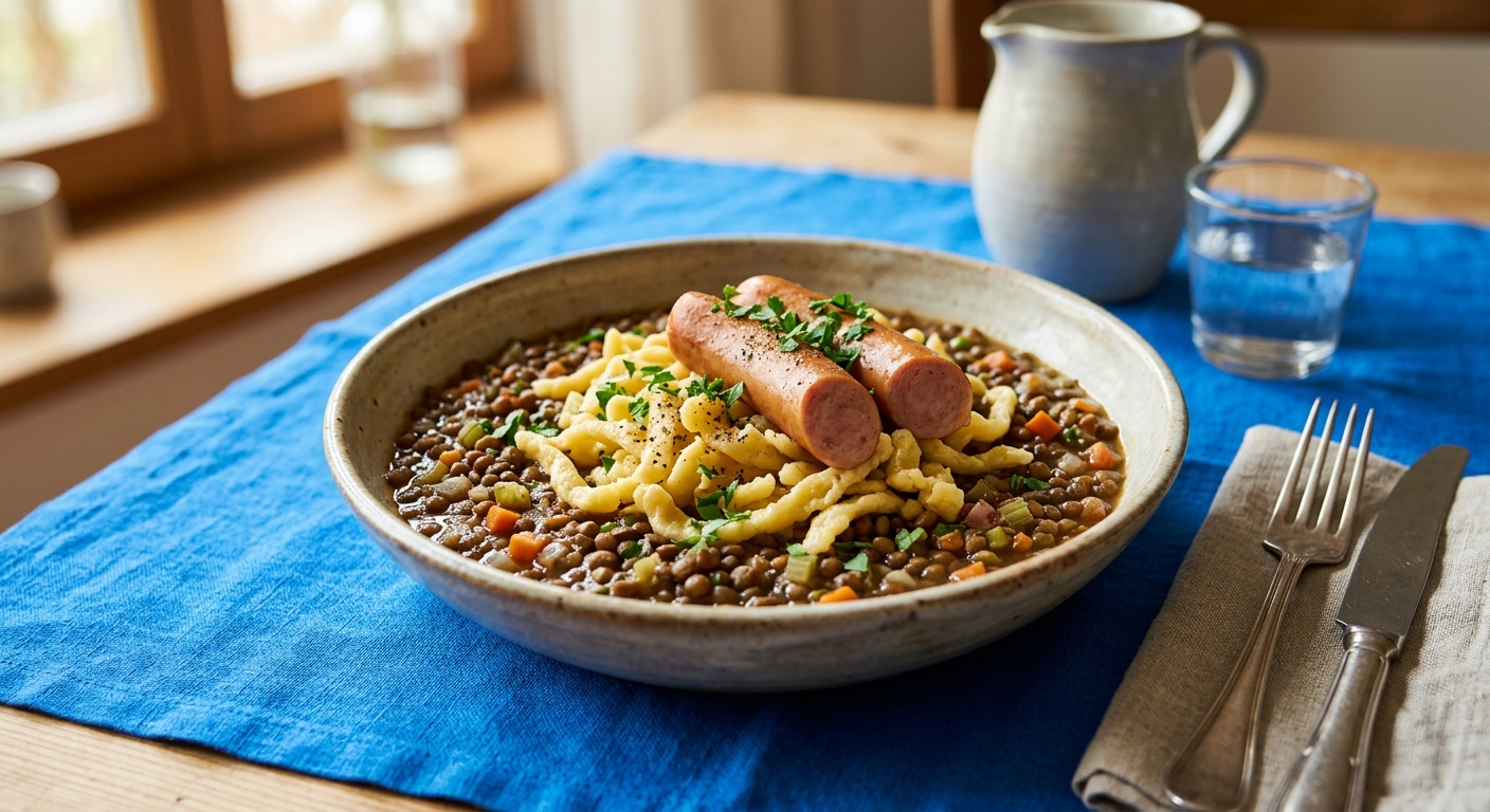 Schwäbische Linsen mit Spätzle und Würstchen