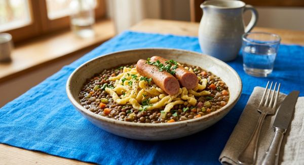 Schwäbische Linsen mit Spätzle und Würstchen