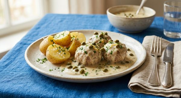 Weitere Aufnahme von Königsberger Klopse mit Salzkartoffeln