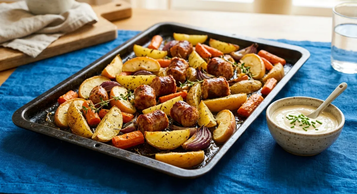 Bratwürstchen vom Blech mit Kartoffeln, Möhren und Äpfeln