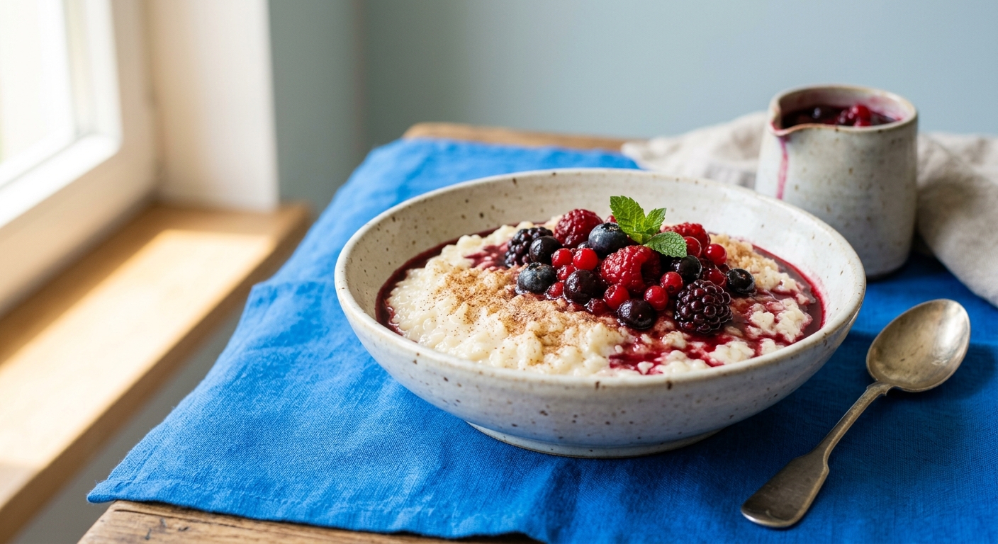 Cremiger Milchreis mit warmen Sommerbeeren