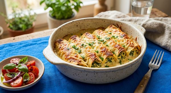Überbackene Spinat-Pfannkuchen-Röllchen mit Käse