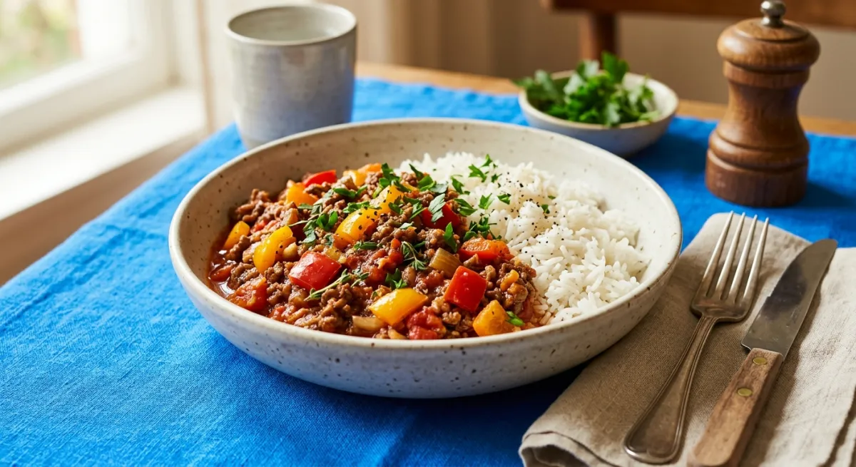 Hackfleisch mit Paprika und Reis