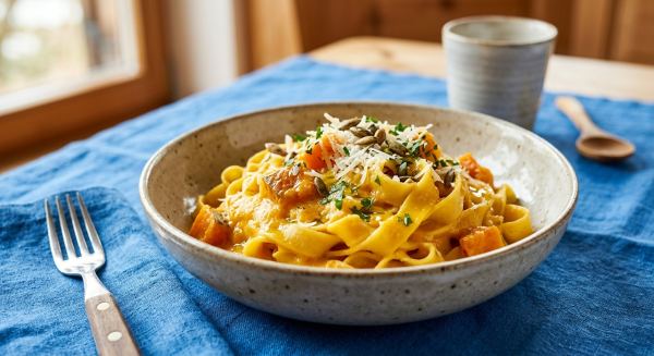 Weitere Aufnahme von Nudeln mit cremiger Kürbissauce