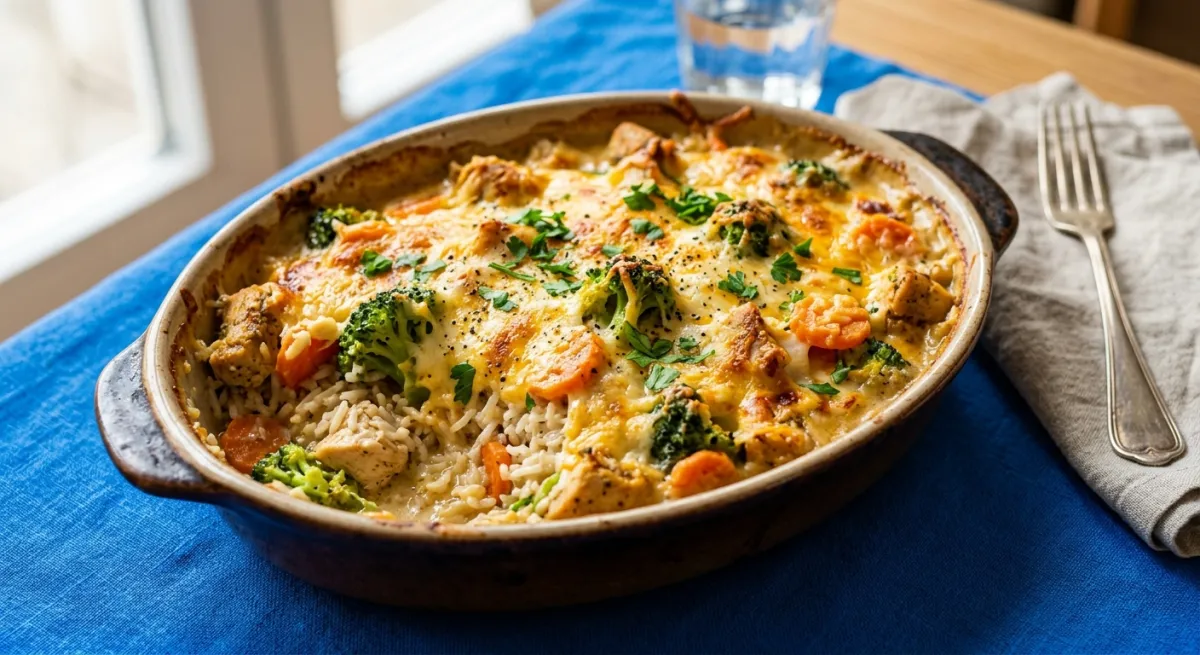 Hähnchen-Reis-Auflauf mit Brokkoli, Möhren und Käse
