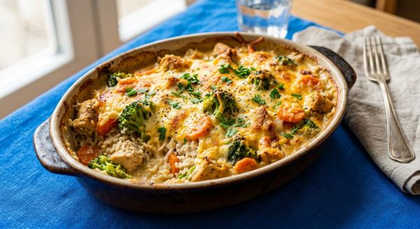 Weitere Aufnahme von Hähnchen-Reis-Auflauf mit Brokkoli, Möhren und Käse