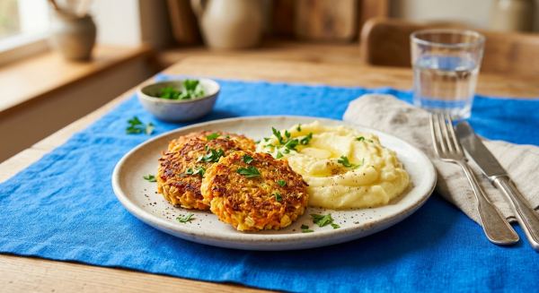Weitere Aufnahme von Käse-Möhren-Bratlinge mit Kartoffelpüree
