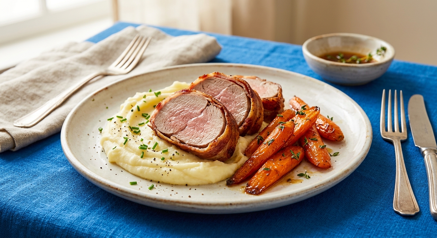 Schweinefilet im Speckmantel mit Honigmöhren und Kartoffelpüree