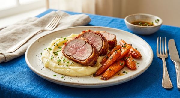 Weitere Aufnahme von Schweinefilet im Speckmantel mit Honigmöhren und Kartoffelpüree