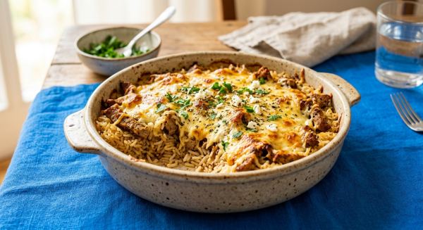 Weitere Aufnahme von Pfannengyros mit Reis (überbacken)