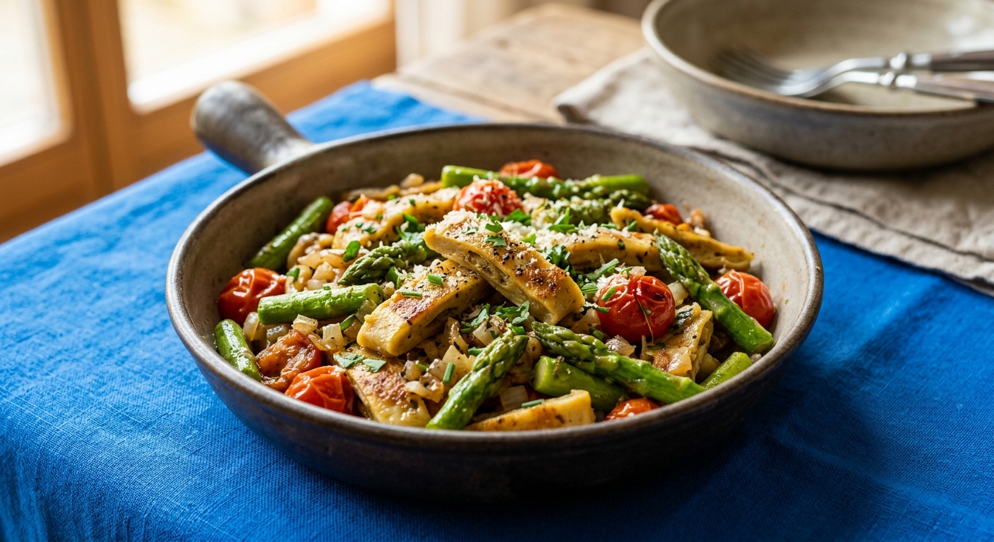 Maultaschen-Pfanne mit grünem Spargel und Kirschtomaten