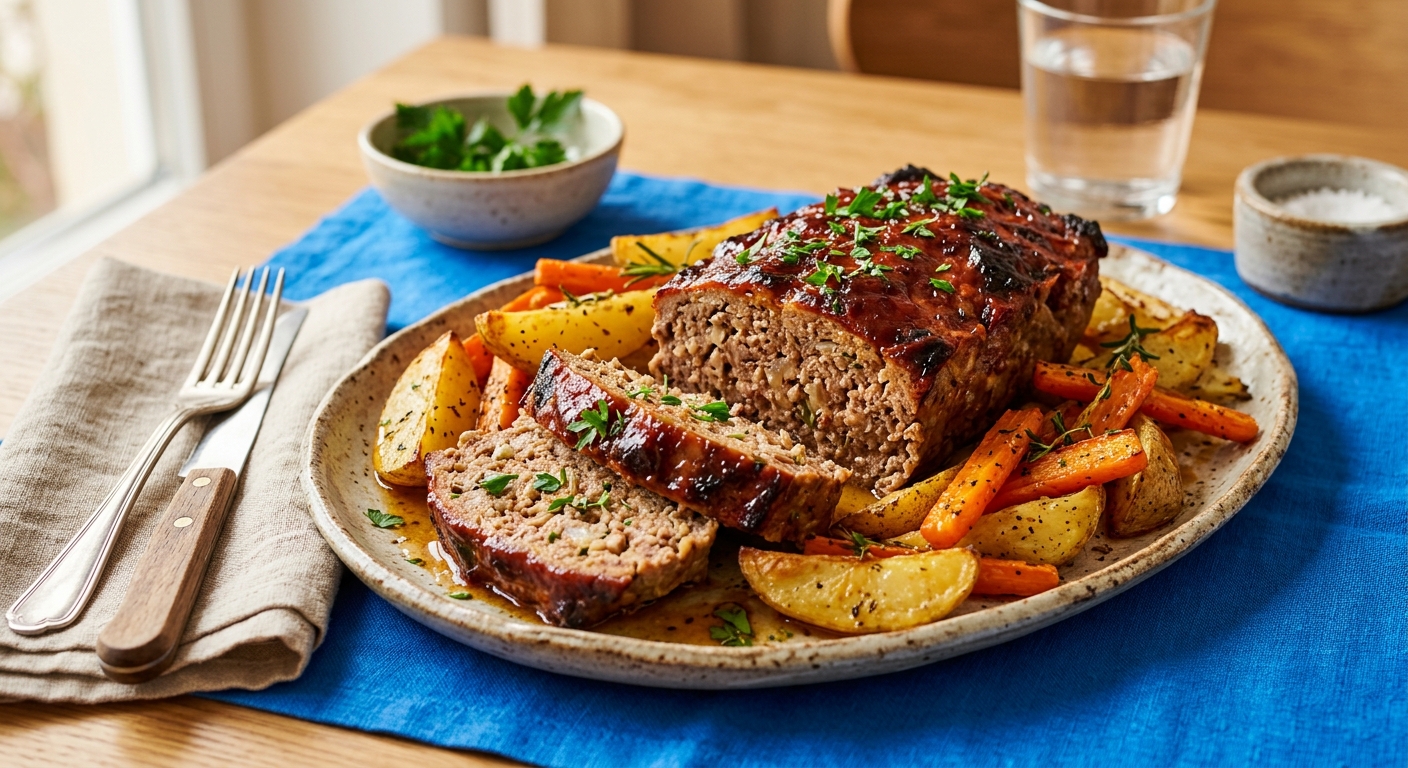 Hackbraten vom Blech mit Ofenkartoffeln und Möhren