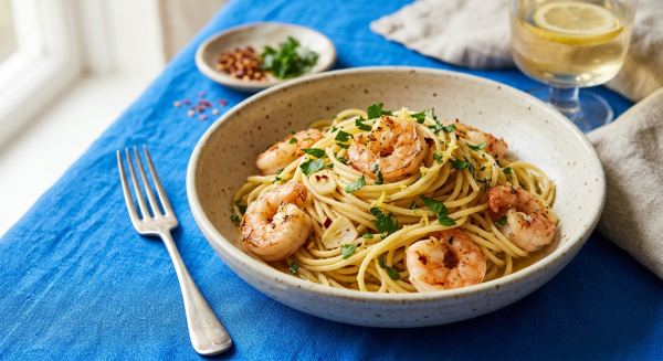 Weitere Aufnahme von Spaghetti mit Garnelen, Knoblauch und Chili