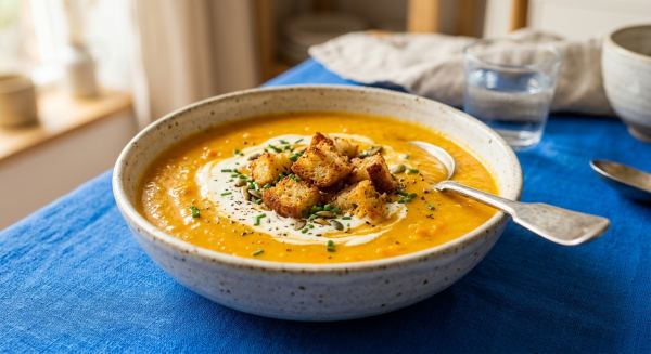 Weitere Aufnahme von Cremige Kürbissuppe mit Möhren und Butter-Croutons