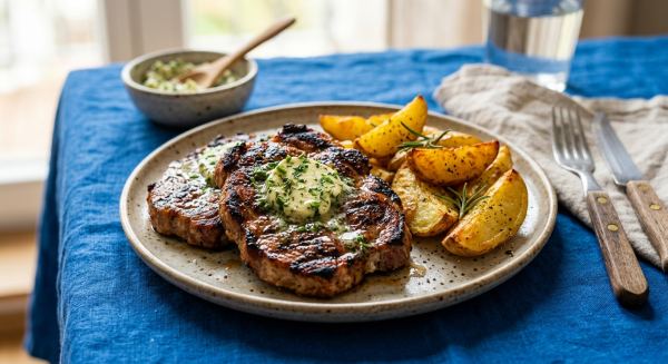 Weitere Aufnahme von Gegrillte Schweinenackensteaks mit Kräuterbutter und Ofenkartoffeln