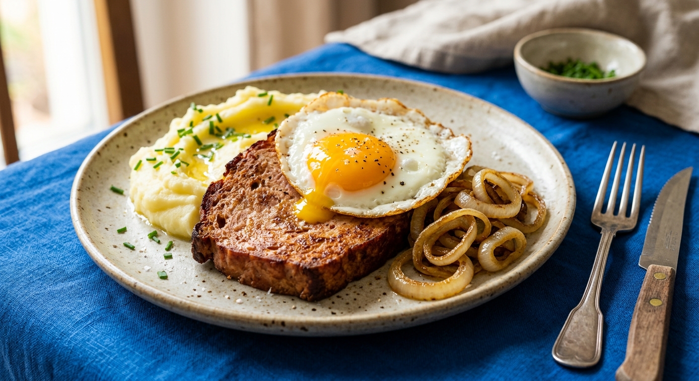 Ofen-Leberkäse mit Spiegelei und Kartoffelpüree