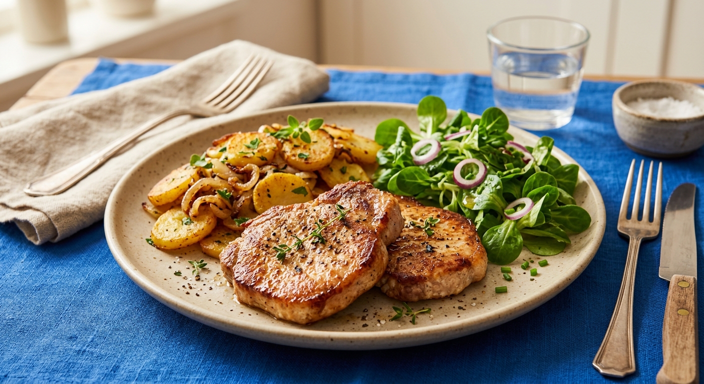 Schweinekoteletts mit Zwiebel-Bratkartoffeln und Feldsalat