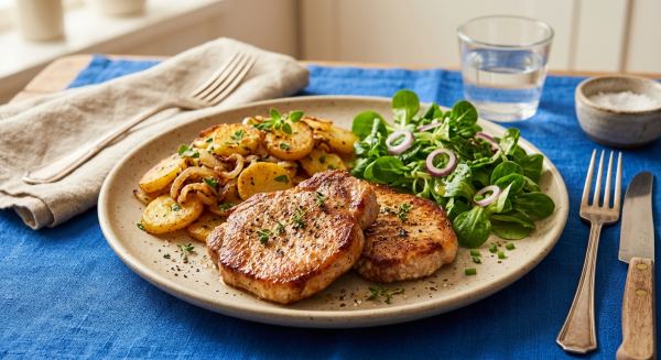 Schweinekoteletts mit Zwiebel-Bratkartoffeln und Feldsalat
