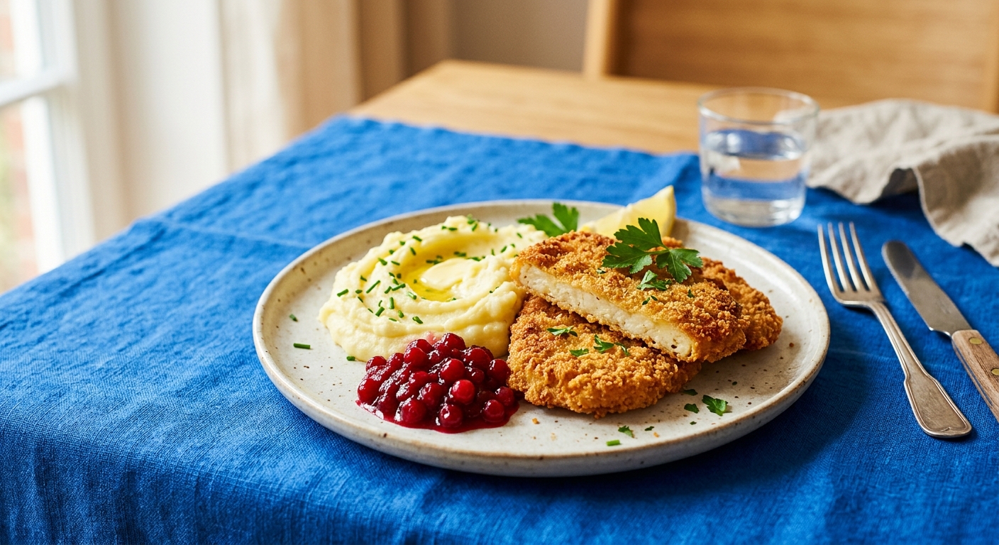 Panierte Sellerieschnitzel mit Kartoffelpüree und Preiselbeeren