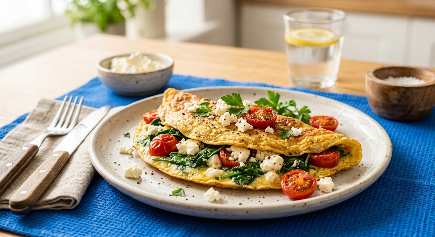Herzhaftes Garten-Omelette mit Feta und Spinat