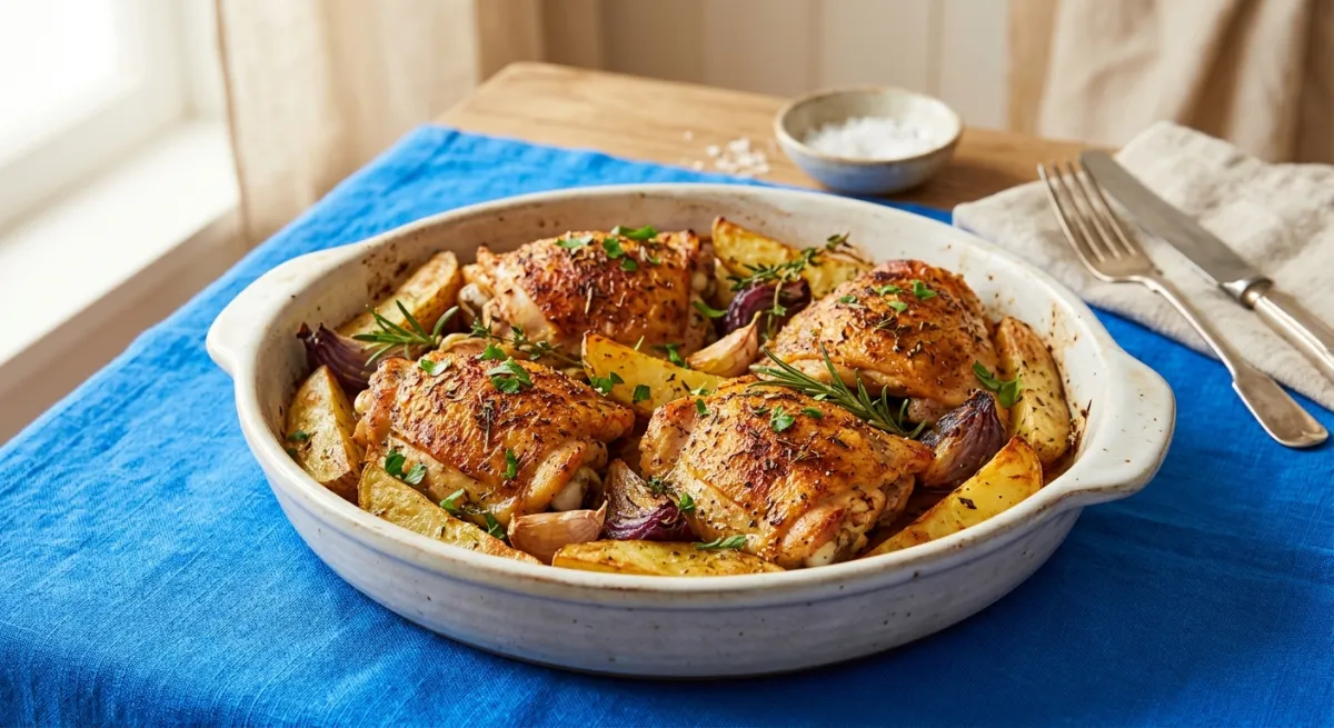 Hähnchenschenkel mit Kartoffeln aus dem Backofen