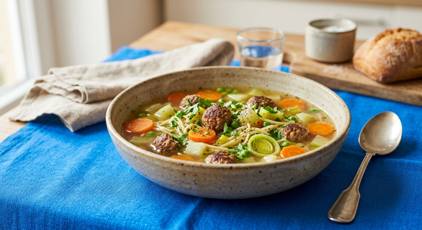 Bunte Gemüsesuppe mit Hackbällchen und Suppennudeln