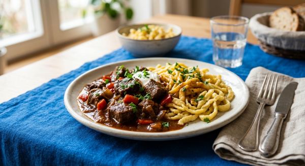 Weitere Aufnahme von Klassisches Rindergulasch mit Paprika und Spätzle