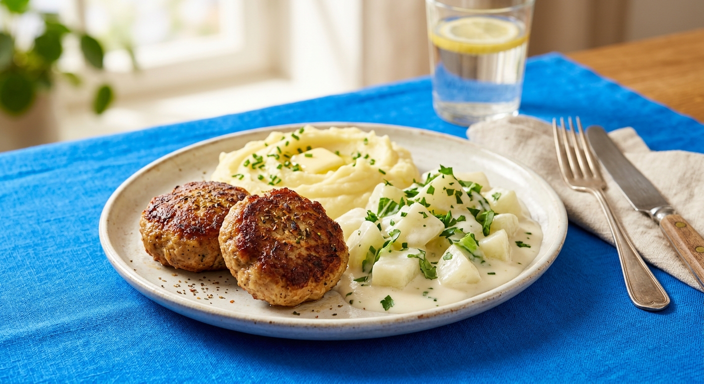 Rahmkohlrabi mit Frikadellen und Kartoffelpüree