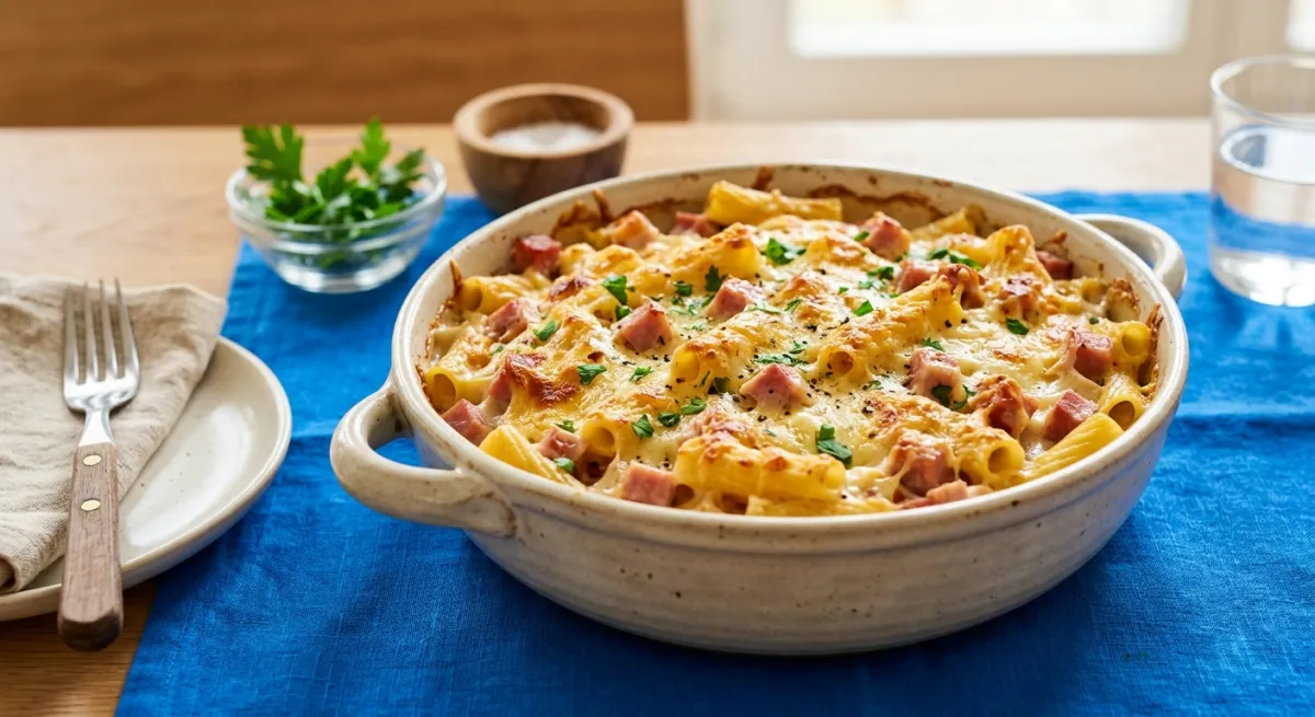 Klassischer Nudelauflauf mit Schinken und Käse