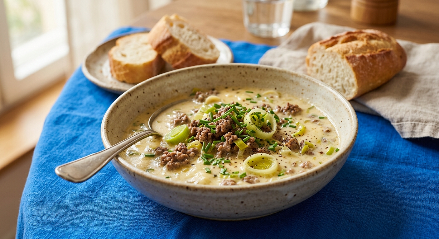 Käse-Lauch-Suppe mit Hackfleisch