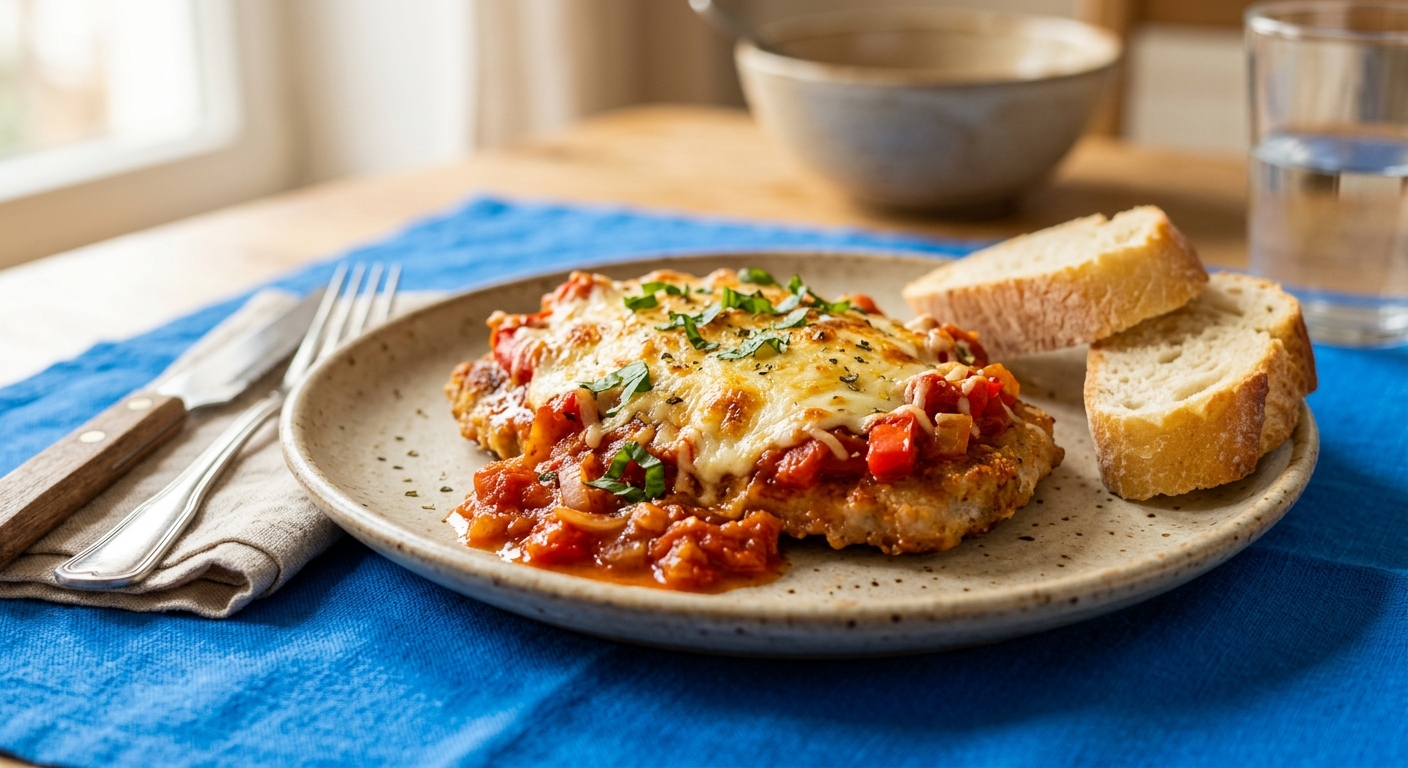 Pizzaschnitzel aus dem Ofen mit Tomaten und Käse