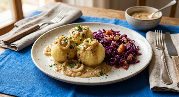 Kartoffelklöße mit Apfelrotkohl und Zwiebel-Rahmsauce